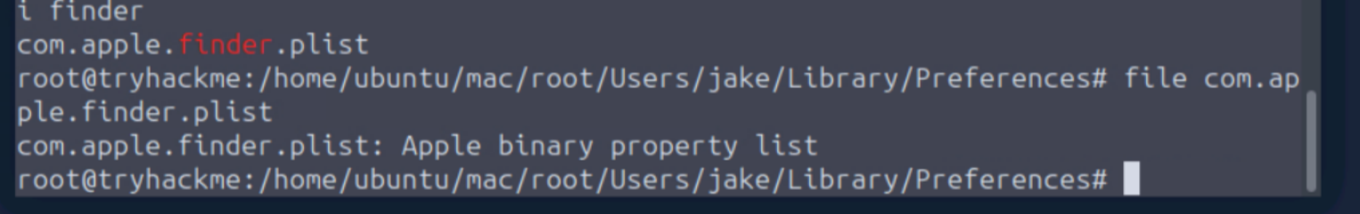 file command output showing com.apple.finder.plist is binary format